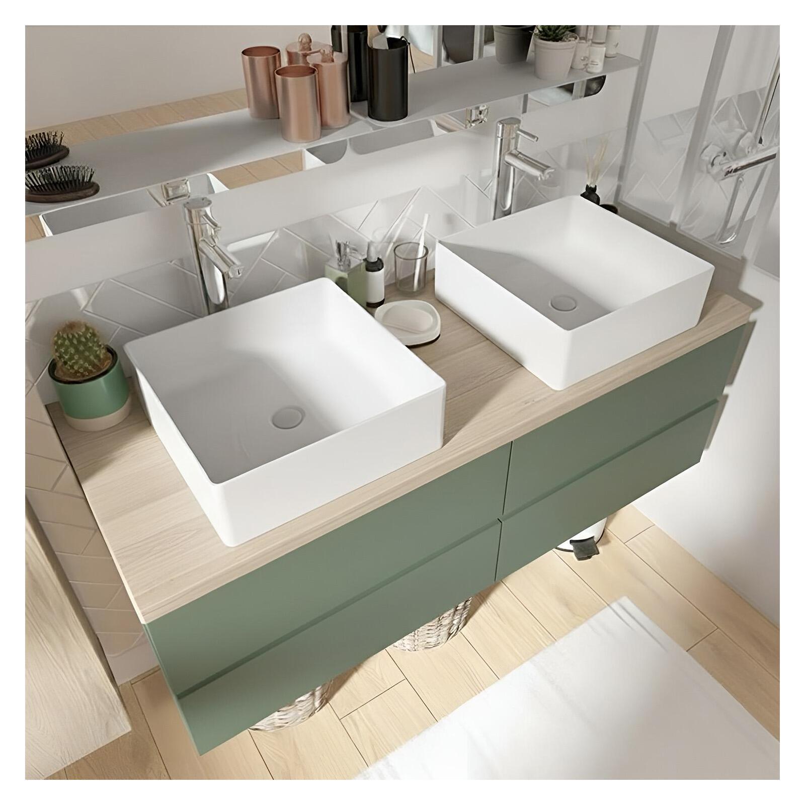 Ensemble double vasque suspendu 120cm avec plan bois et vasques à poser