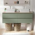 Ensemble double vasque suspendu avec plan bois, vasques et robinets 120 cm