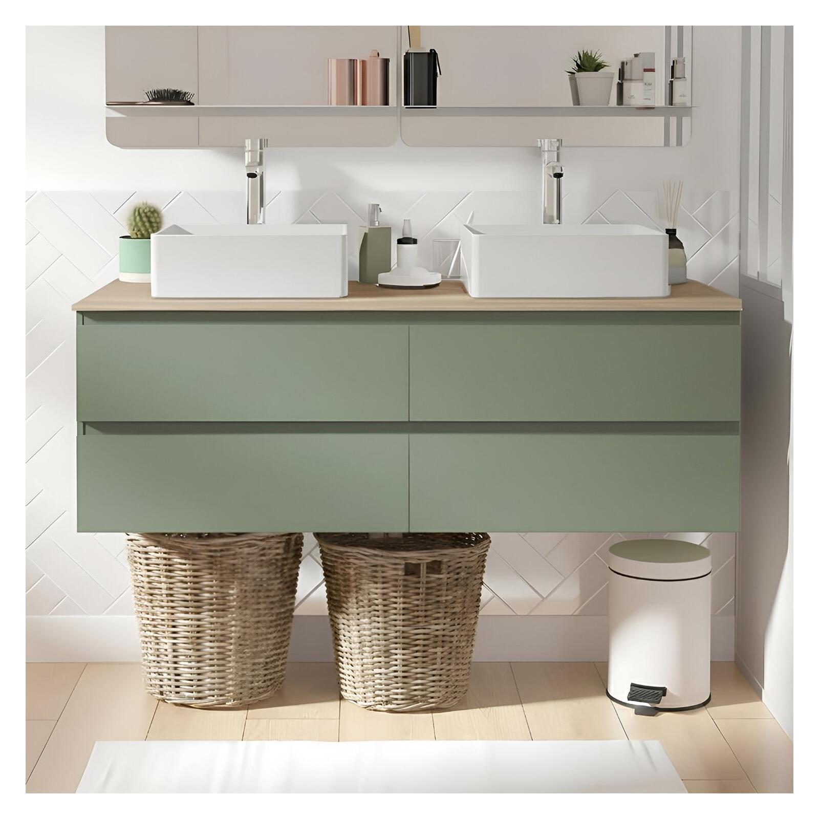 Ensemble double vasque suspendu avec plan bois, vasques et robinets 120 cm