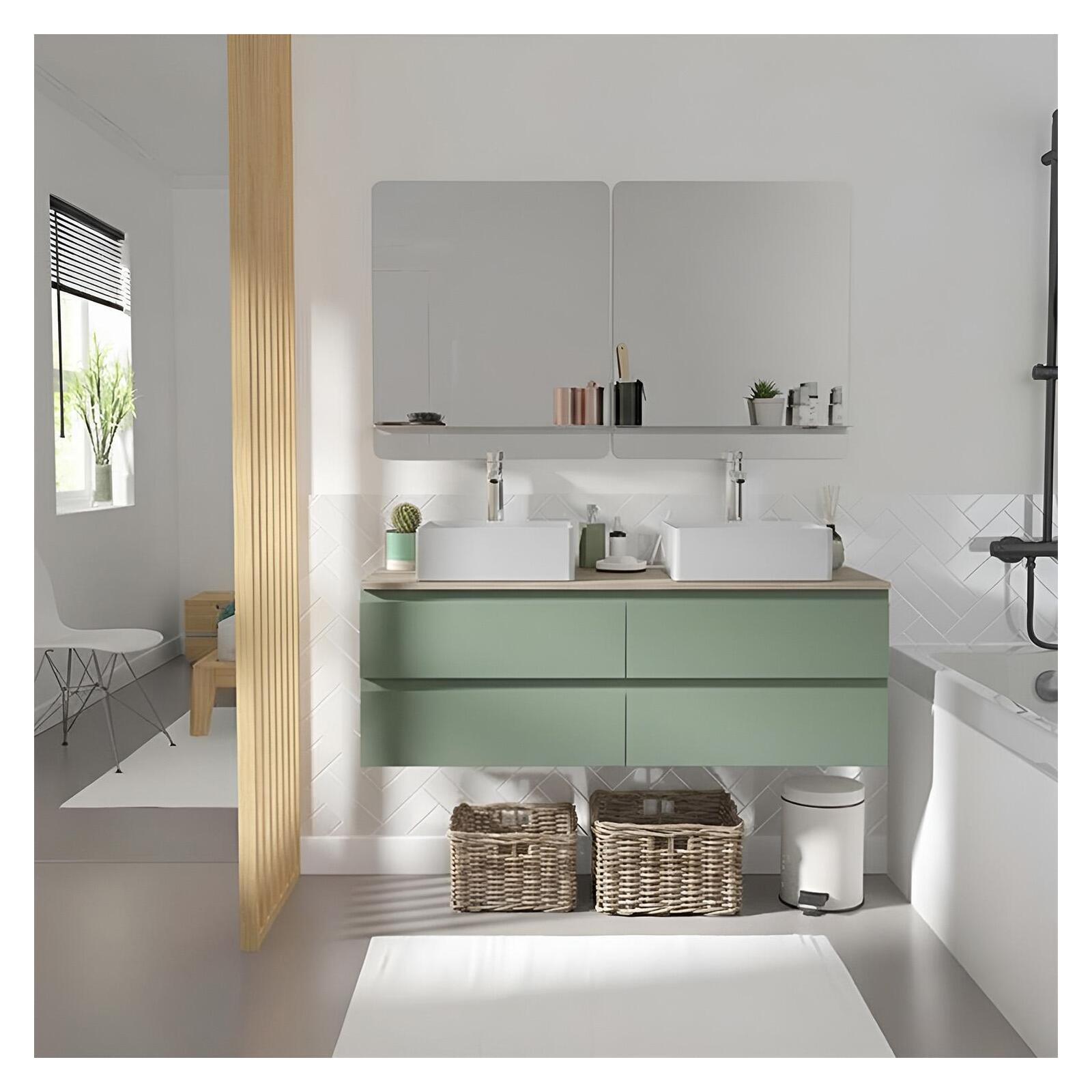 Ensemble double vasque suspendu 120cm avec plan bois, vasques, robinets et miroirs