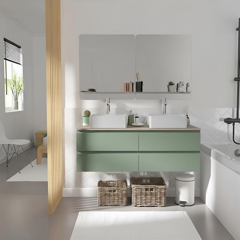 Ensemble double vasque suspendu 120cm avec plan bois, vasques, robinets et miroirs