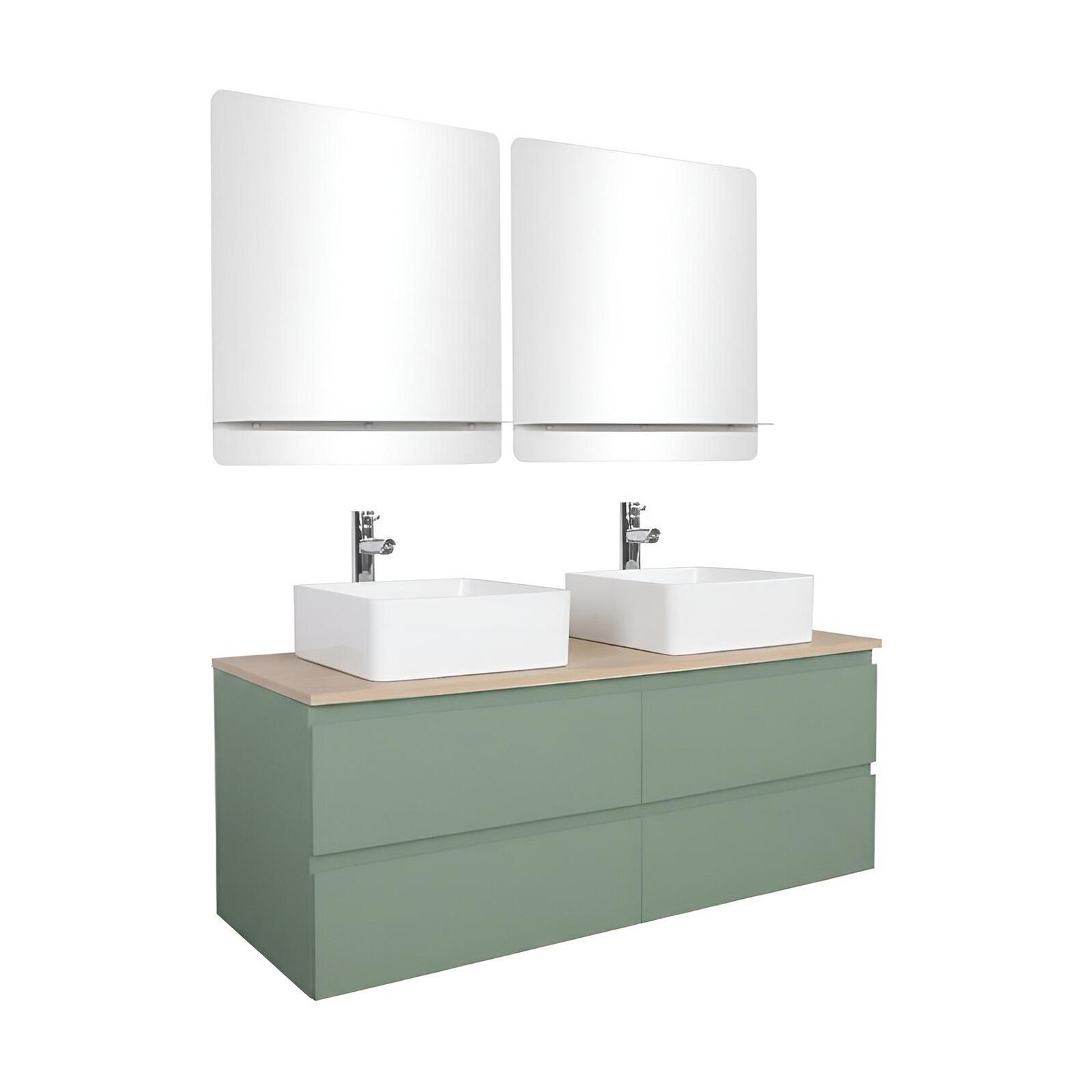 Ensemble double vasque suspendu 120cm avec plan bois, vasques, robinets et miroirs