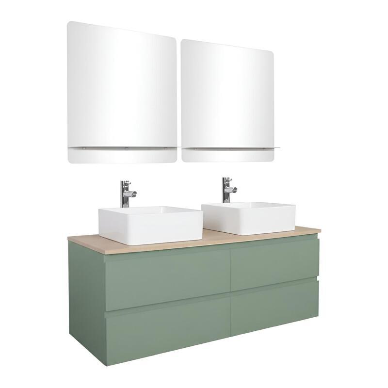 Ensemble double vasque suspendu 120cm avec plan bois, vasques, robinets et miroirs
