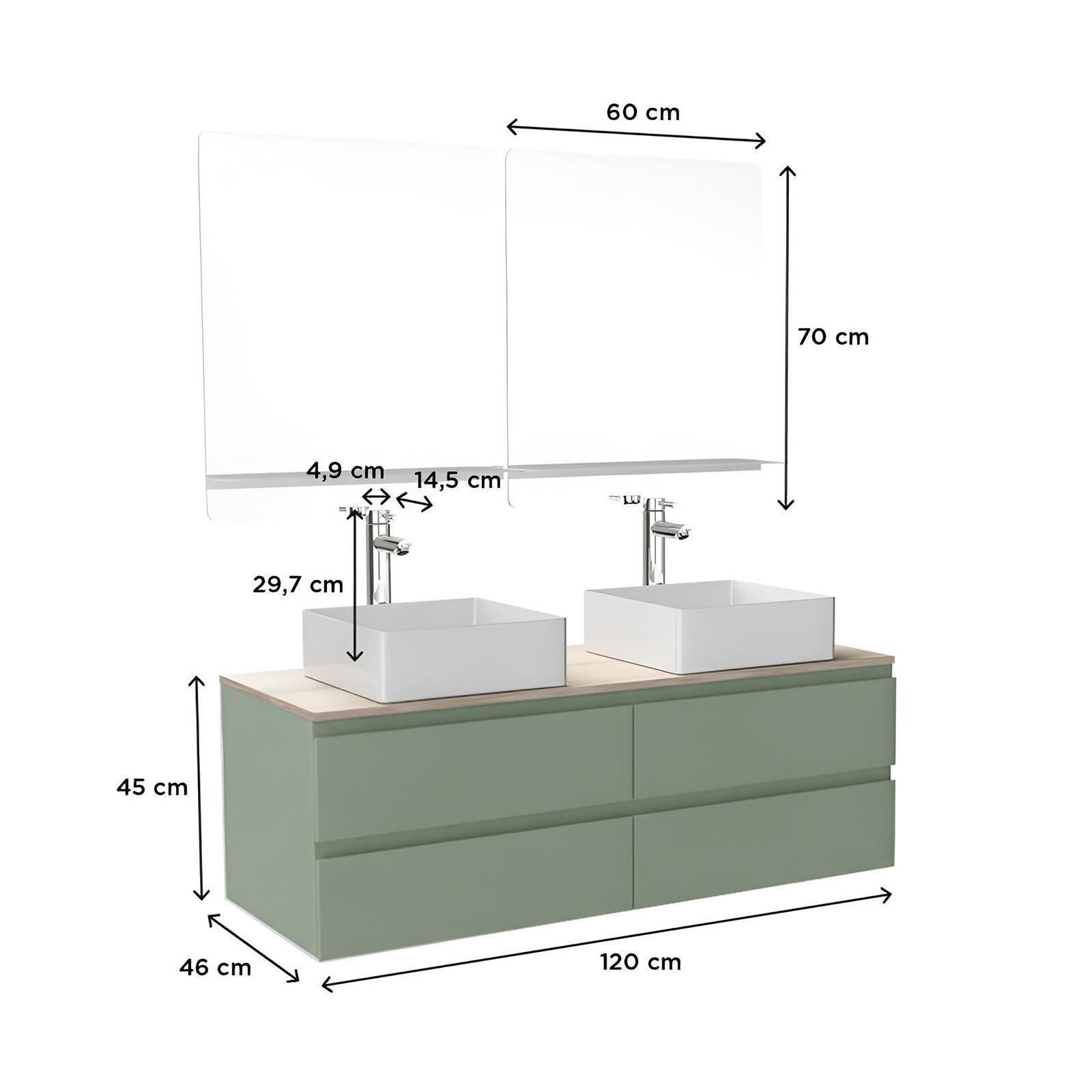 Ensemble double vasque suspendu 120cm avec plan bois, vasques, robinets et miroirs