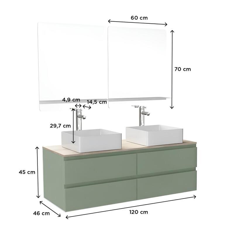 Ensemble double vasque suspendu 120cm avec plan bois, vasques, robinets et miroirs