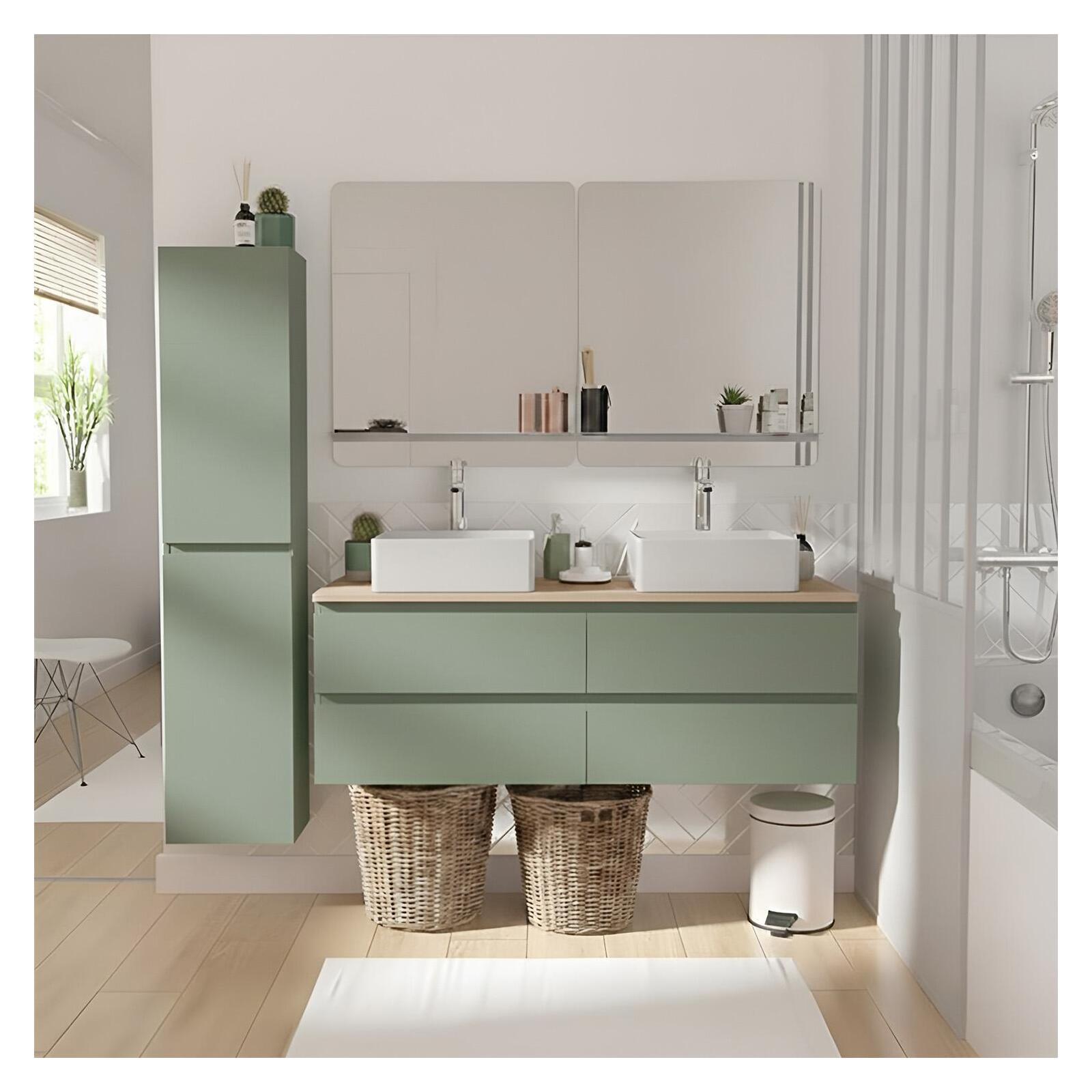 Ensemble double vasque suspendu 120cm avec plan bois, vasques, robinets, miroirs et colonne