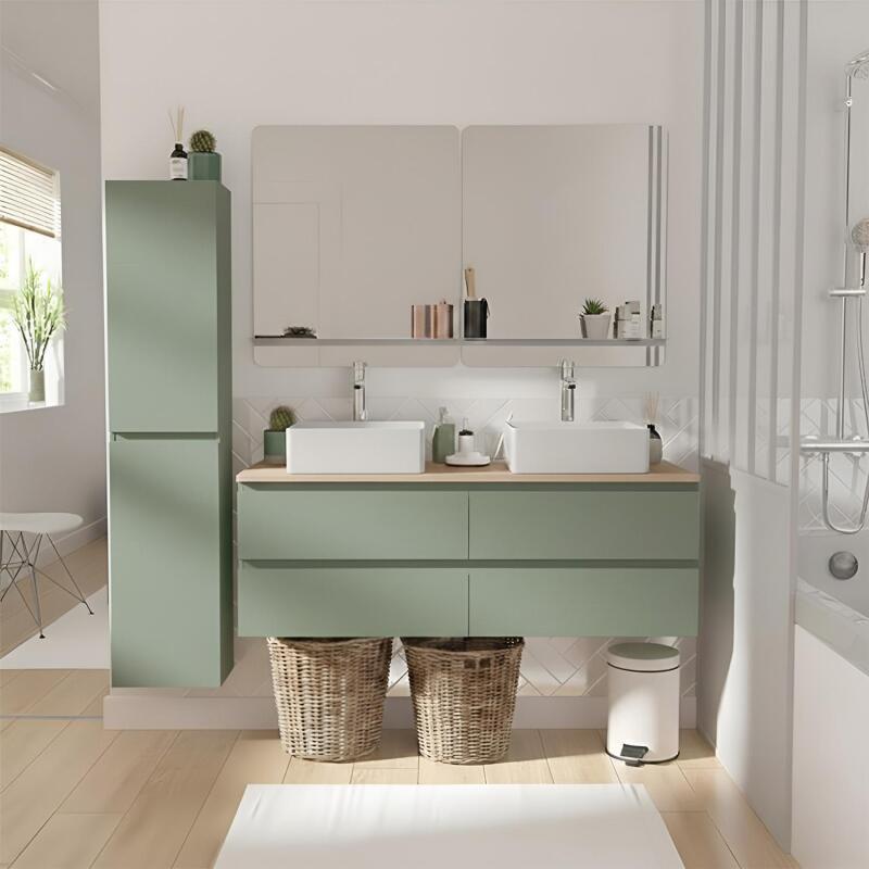 Ensemble double vasque suspendu 120cm avec plan bois, vasques, robinets, miroirs et colonne