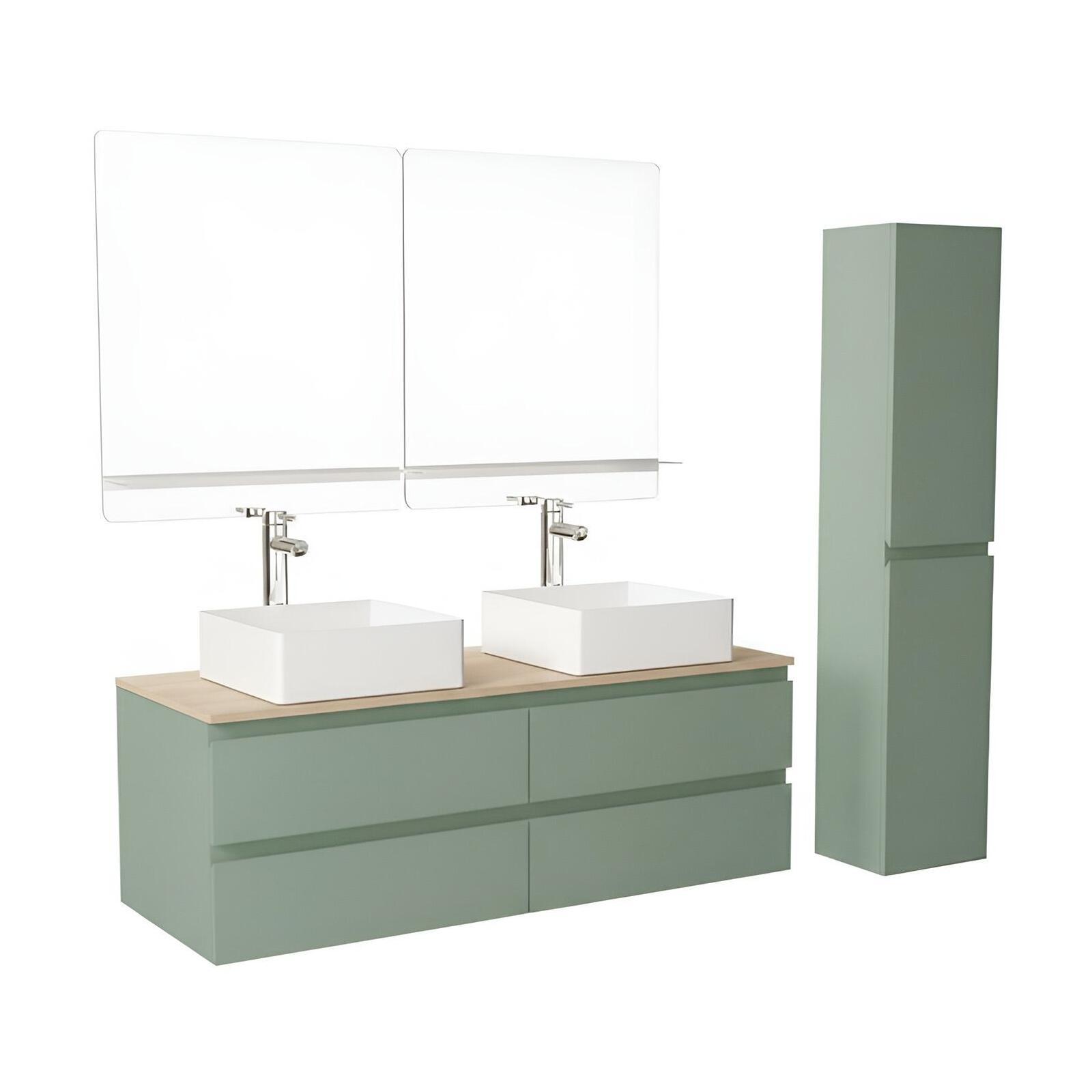 Ensemble double vasque suspendu 120cm avec plan bois, vasques, robinets, miroirs et colonne
