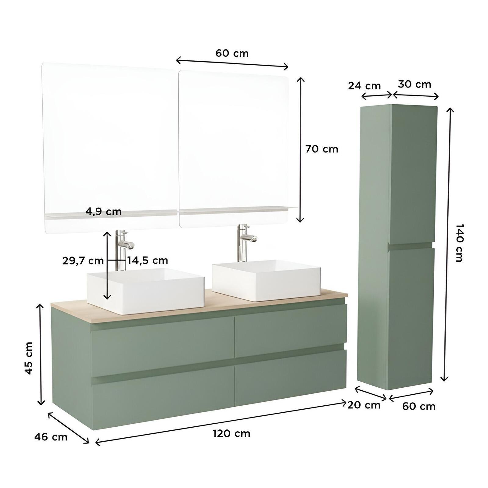 Ensemble double vasque suspendu 120cm avec plan bois, vasques, robinets, miroirs et colonne