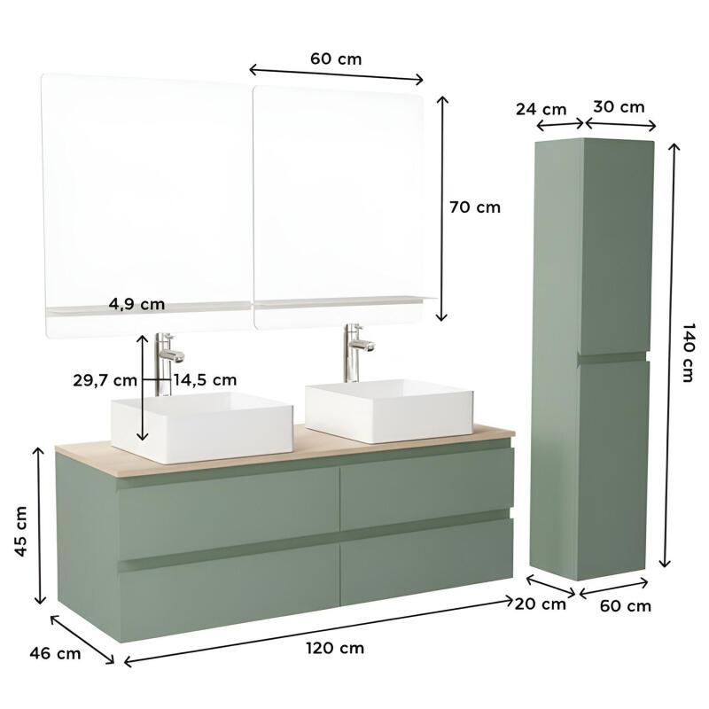 Ensemble double vasque suspendu 120cm avec plan bois, vasques, robinets, miroirs et colonne