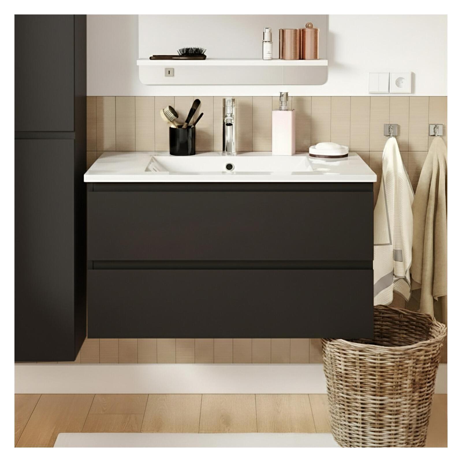 Ensemble meuble simple vasque 80cm avec plan céramique et robinet chromé