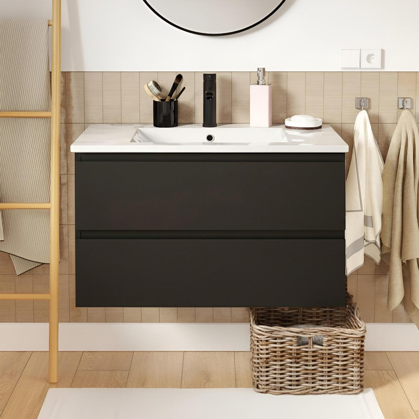 Ensemble meuble simple vasque 80cm avec plan céramique et robinet noir