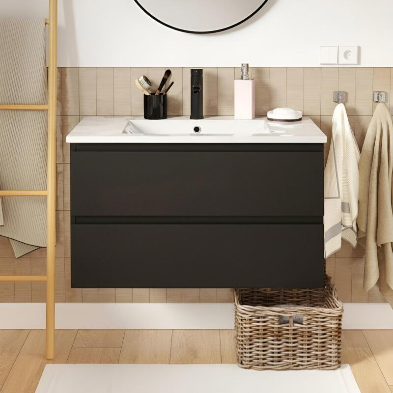 Ensemble meuble simple vasque 80cm avec plan céramique et robinet noir