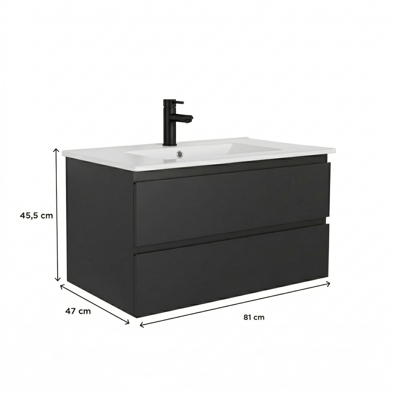 Ensemble meuble simple vasque 80cm avec plan céramique et robinet noir