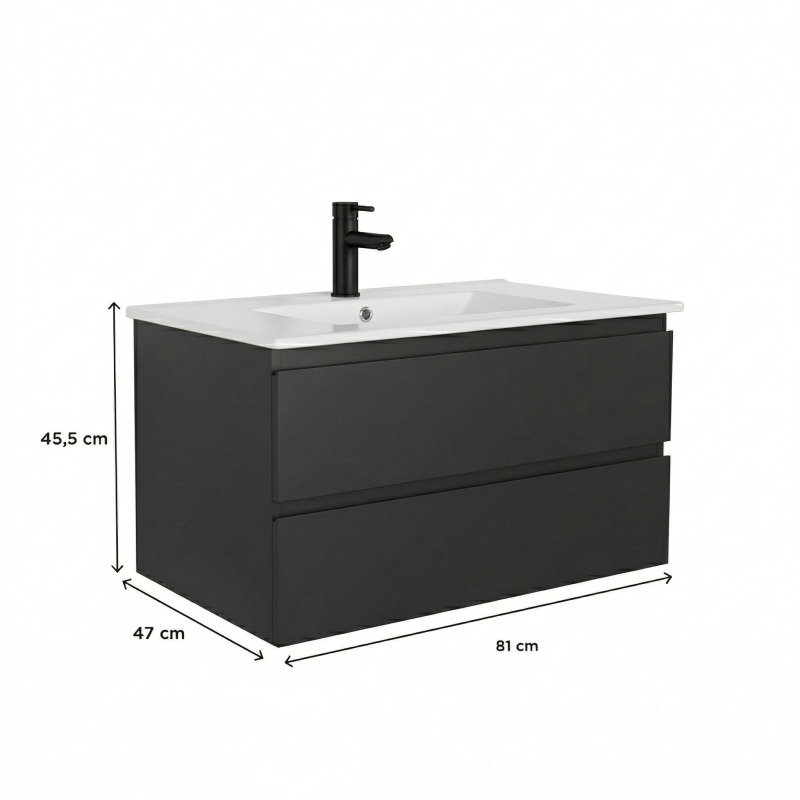 Ensemble meuble simple vasque 80cm avec plan céramique et robinet noir
