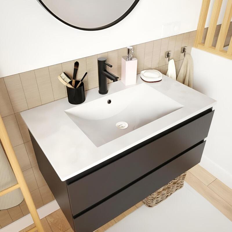Ensemble meuble simple vasque 80cm avec plan céramique et robinet noir