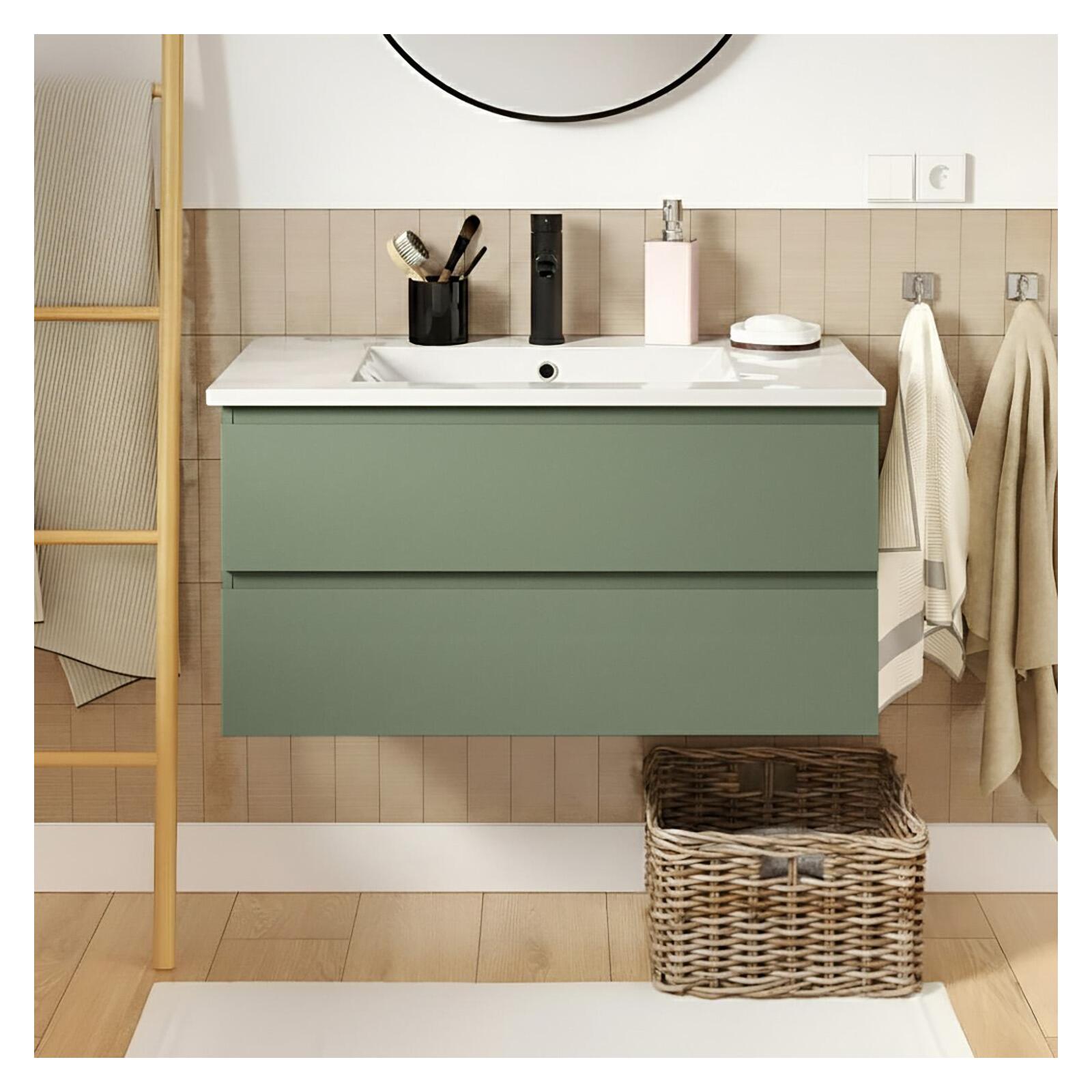 Ensemble meuble simple vasque 80cm avec plan céramique et robinet noir