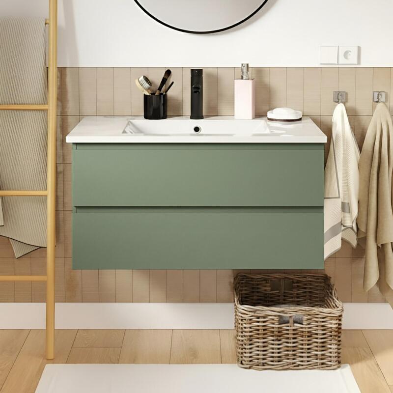 Ensemble meuble simple vasque 80cm avec plan céramique et robinet noir