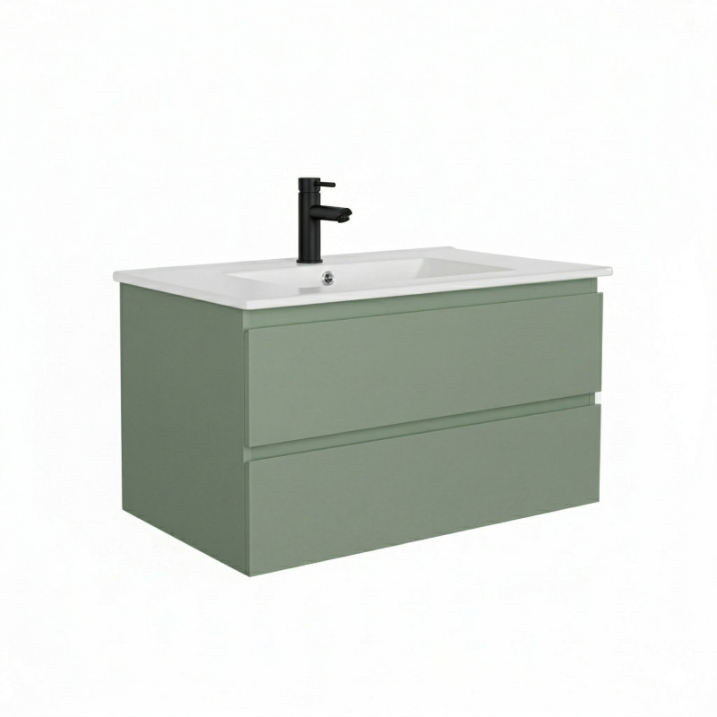 Ensemble meuble simple vasque 80cm avec plan céramique et robinet noir