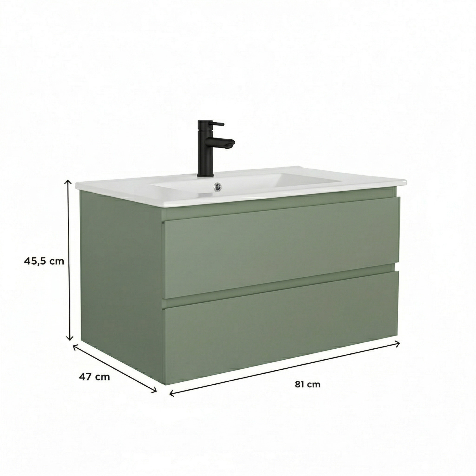 Ensemble meuble simple vasque 80cm avec plan céramique et robinet noir