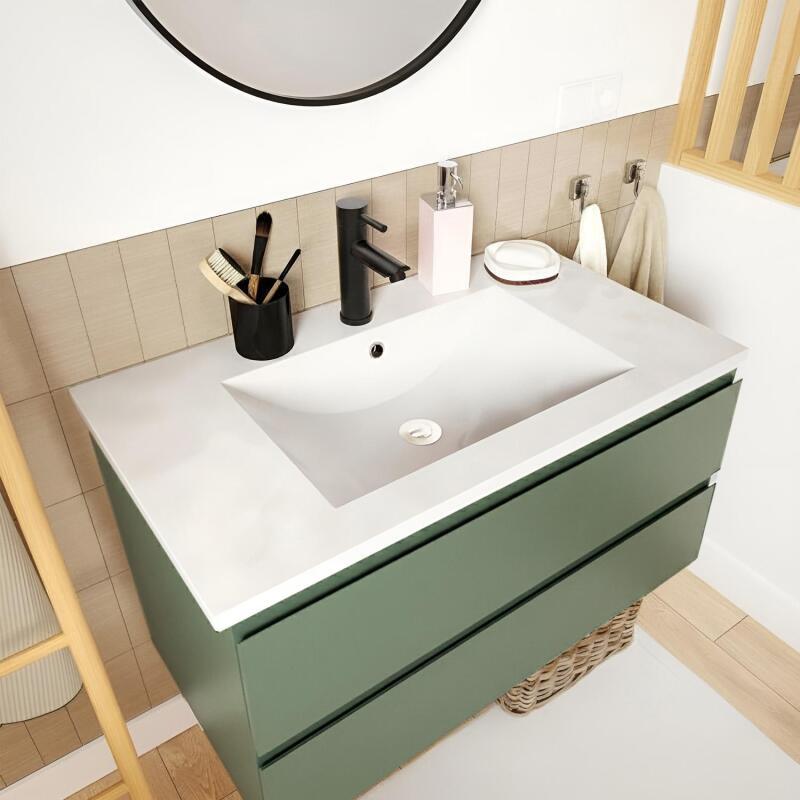 Ensemble meuble simple vasque 80cm avec plan céramique et robinet noir