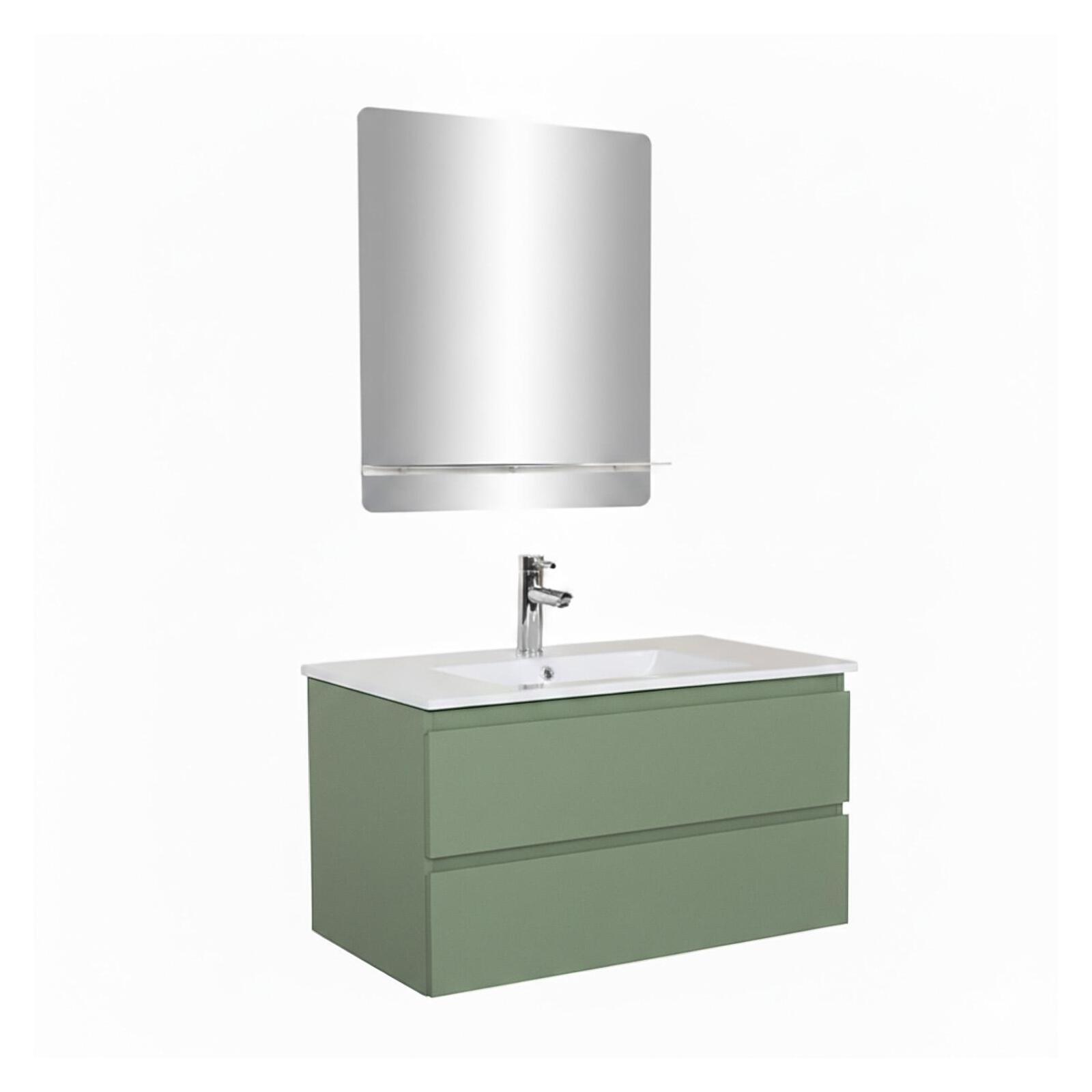 Ensemble meuble simple vasque 80cm avec plan céramique, robinet chromé et miroir