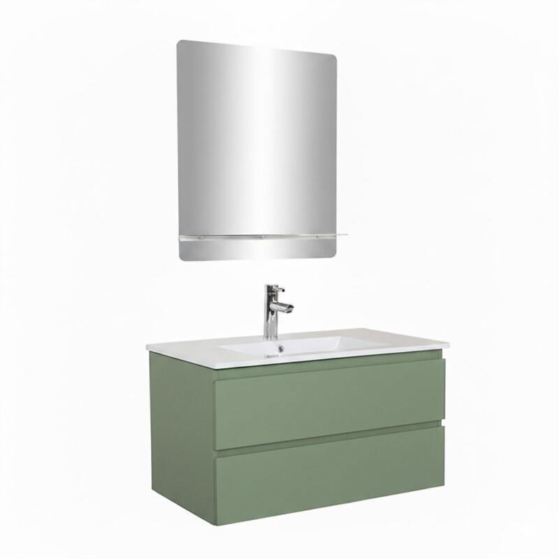 Ensemble meuble simple vasque 80cm avec plan céramique, robinet chromé et miroir
