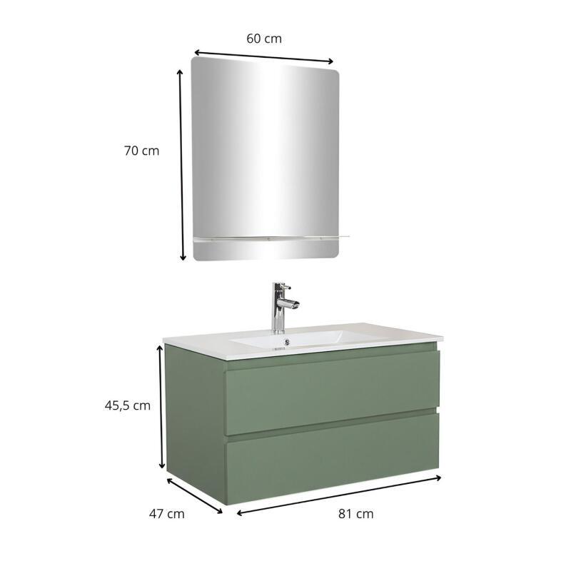 Ensemble meuble simple vasque 80cm avec plan céramique, robinet chromé et miroir