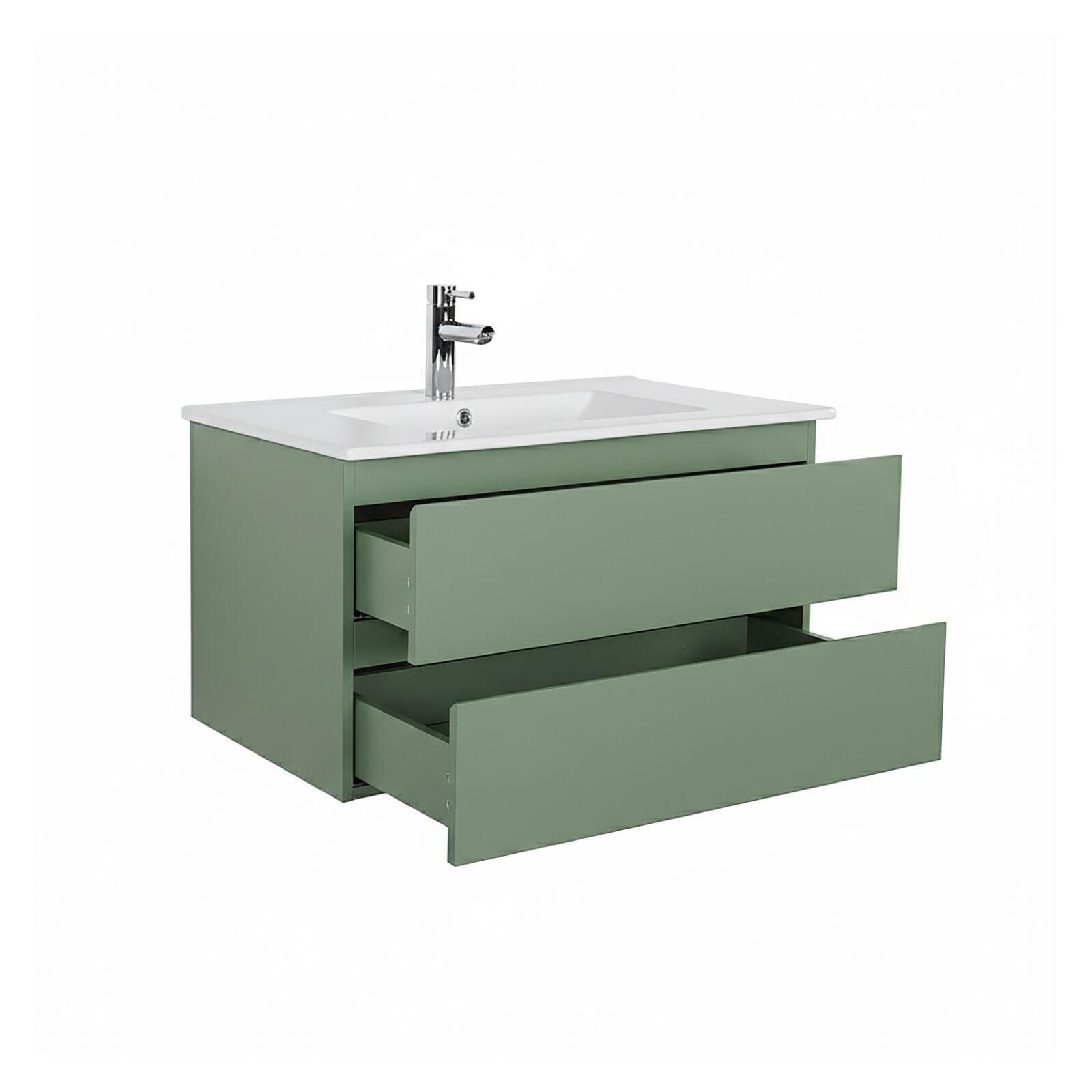 Ensemble meuble simple vasque 80cm avec plan céramique, robinet chromé et miroir