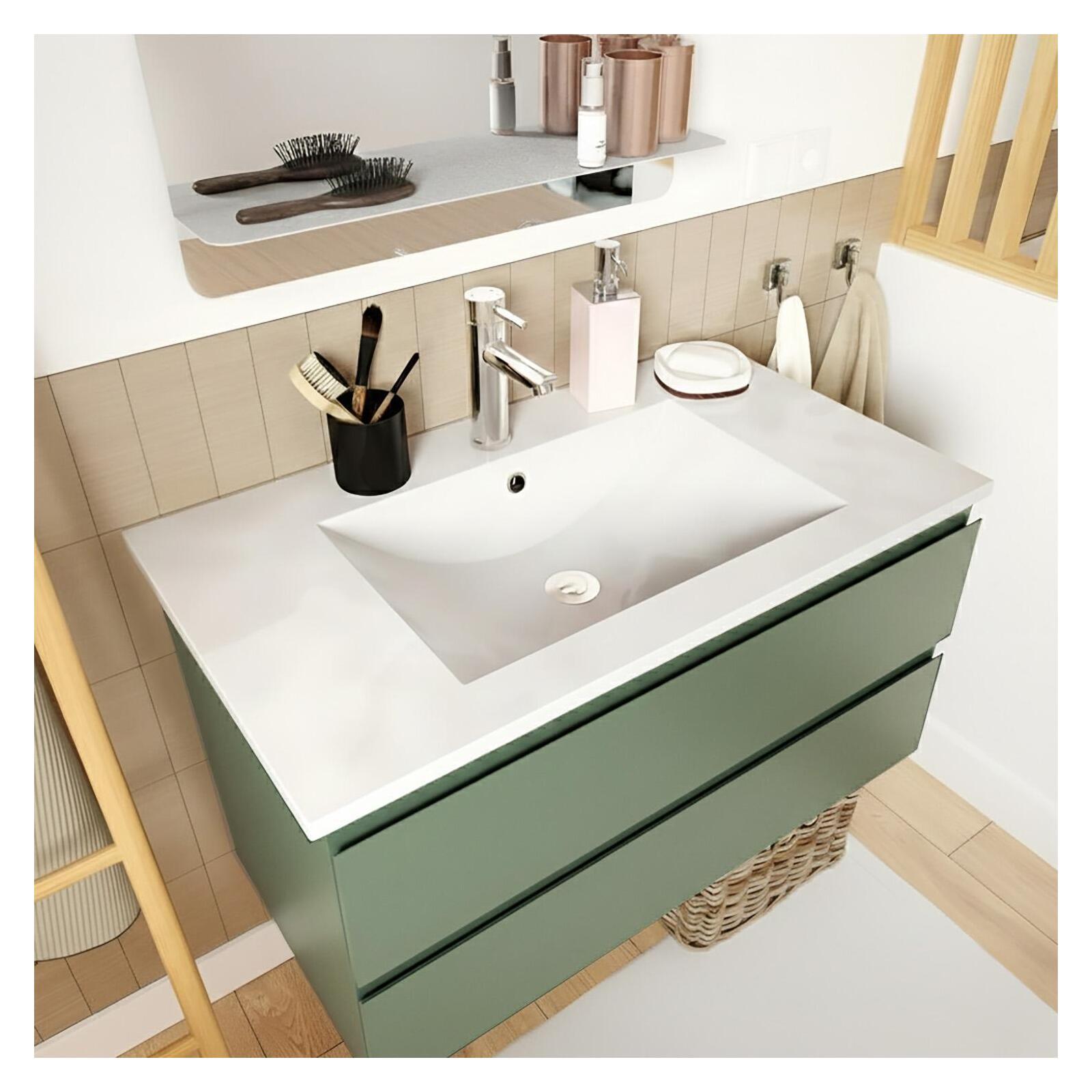 Ensemble meuble simple vasque 80cm avec plan céramique, robinet chromé et miroir