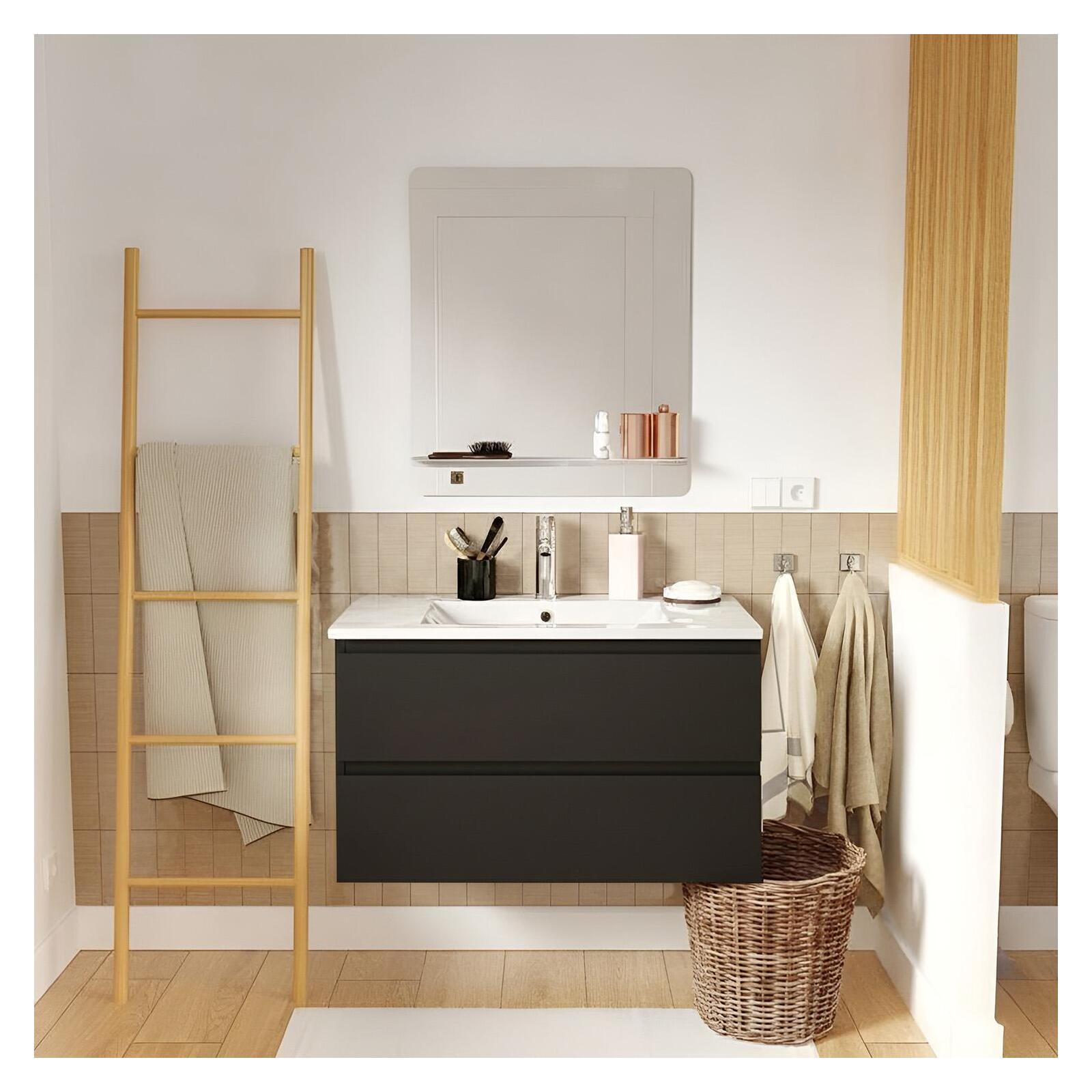 Ensemble meuble simple vasque 80cm avec plan céramique, robinet chromé et miroir