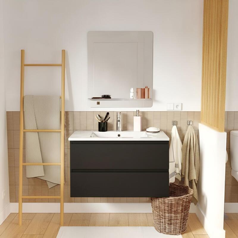 Ensemble meuble simple vasque 80cm avec plan céramique, robinet chromé et miroir