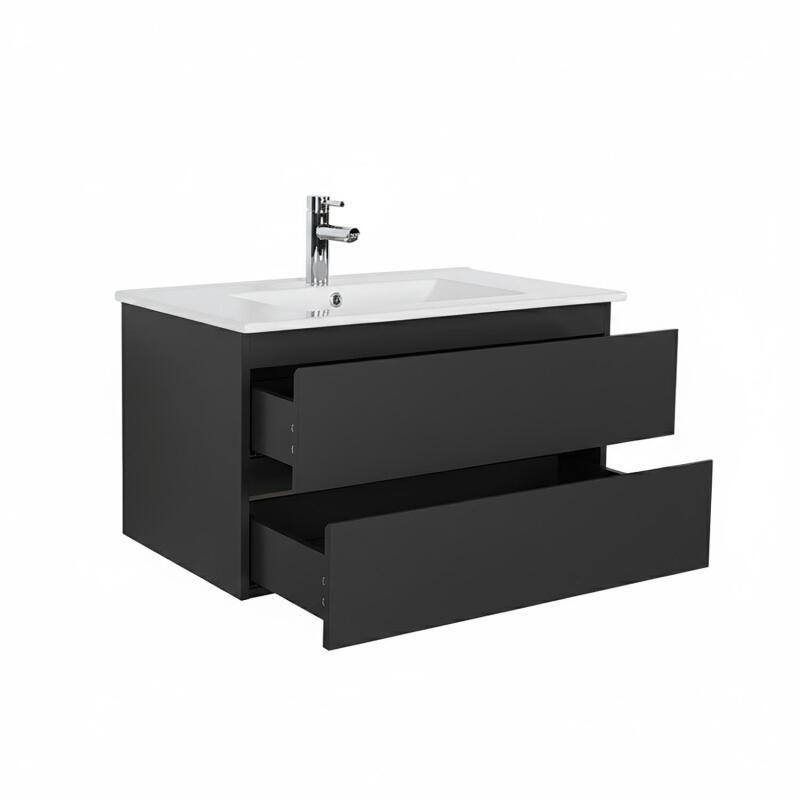 Ensemble meuble simple vasque 80cm avec plan céramique, robinet chromé et miroir