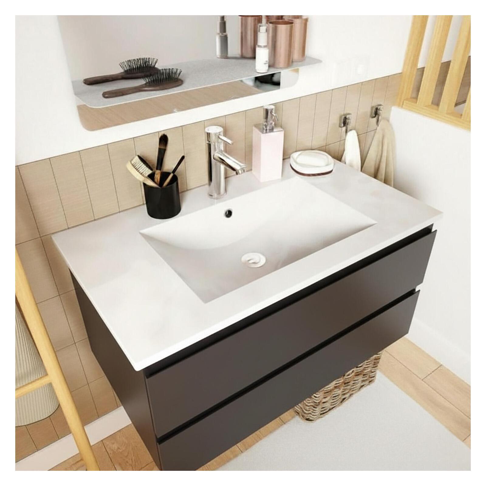 Ensemble meuble simple vasque 80cm avec plan céramique, robinet chromé et miroir