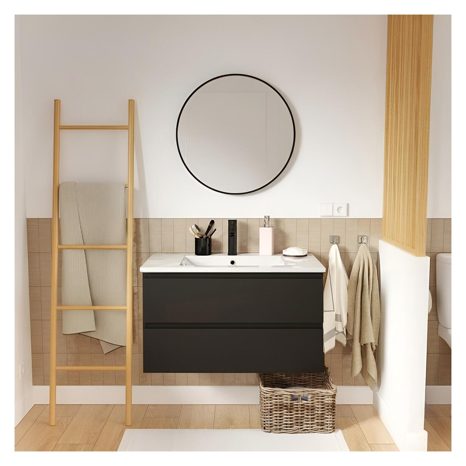 Ensemble meuble simple vasque 80cm avec plan céramique, robinet noir et miroir