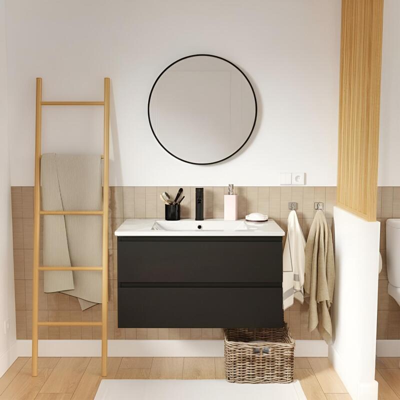 Ensemble meuble simple vasque 80cm avec plan céramique, robinet noir et miroir