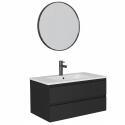 Ensemble meuble simple vasque 80cm avec plan céramique, robinet noir et miroir