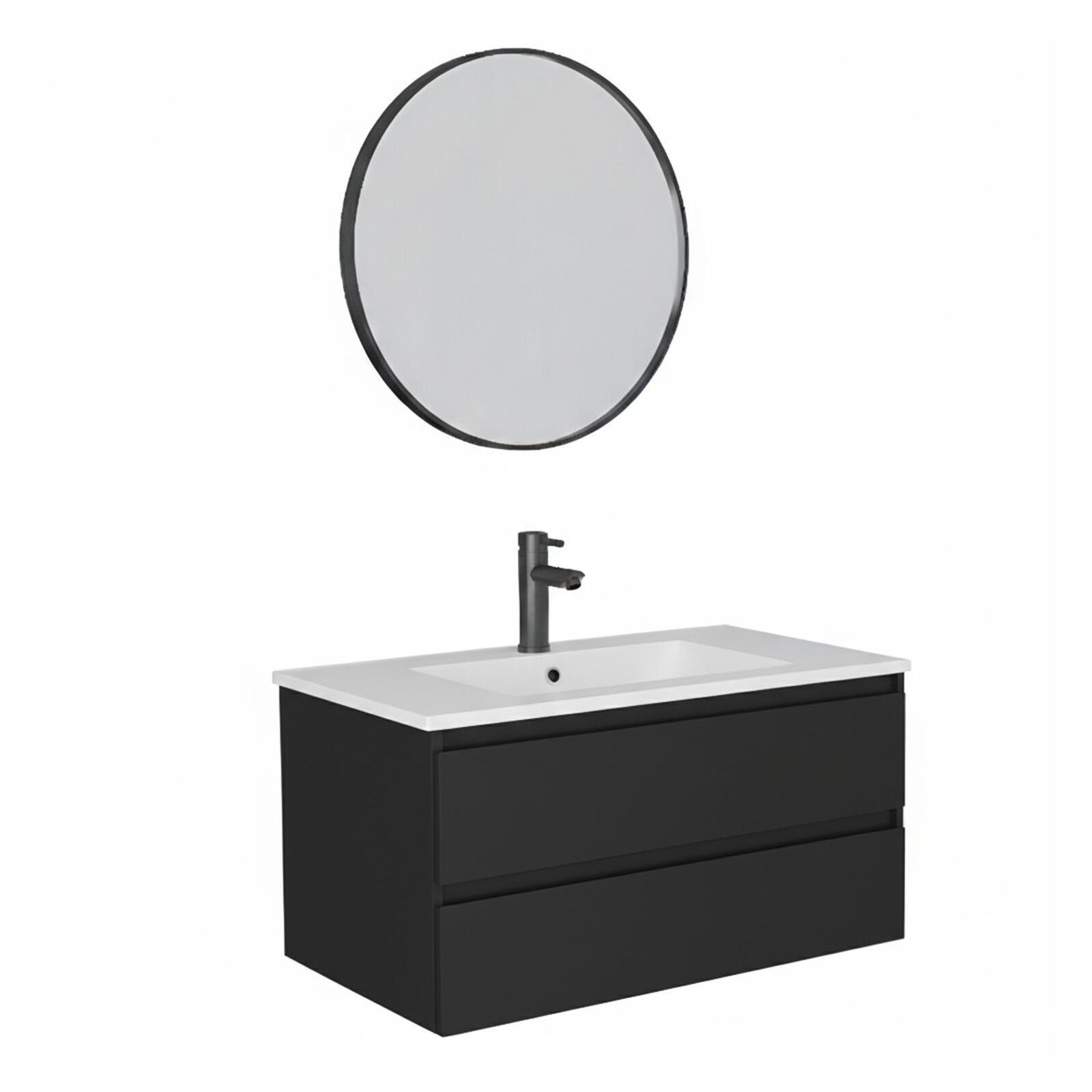 Ensemble meuble simple vasque 80cm avec plan céramique, robinet noir et miroir