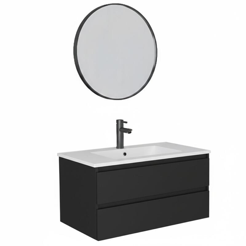 Ensemble meuble simple vasque 80cm avec plan céramique, robinet noir et miroir