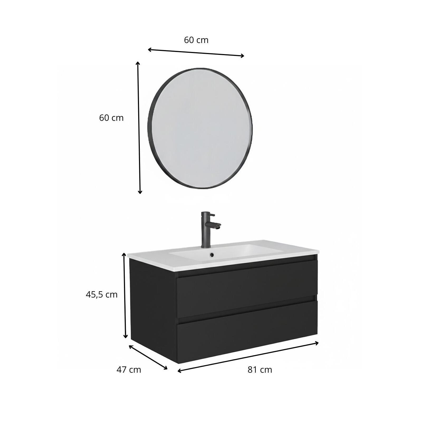 Ensemble meuble simple vasque 80cm avec plan céramique, robinet noir et miroir