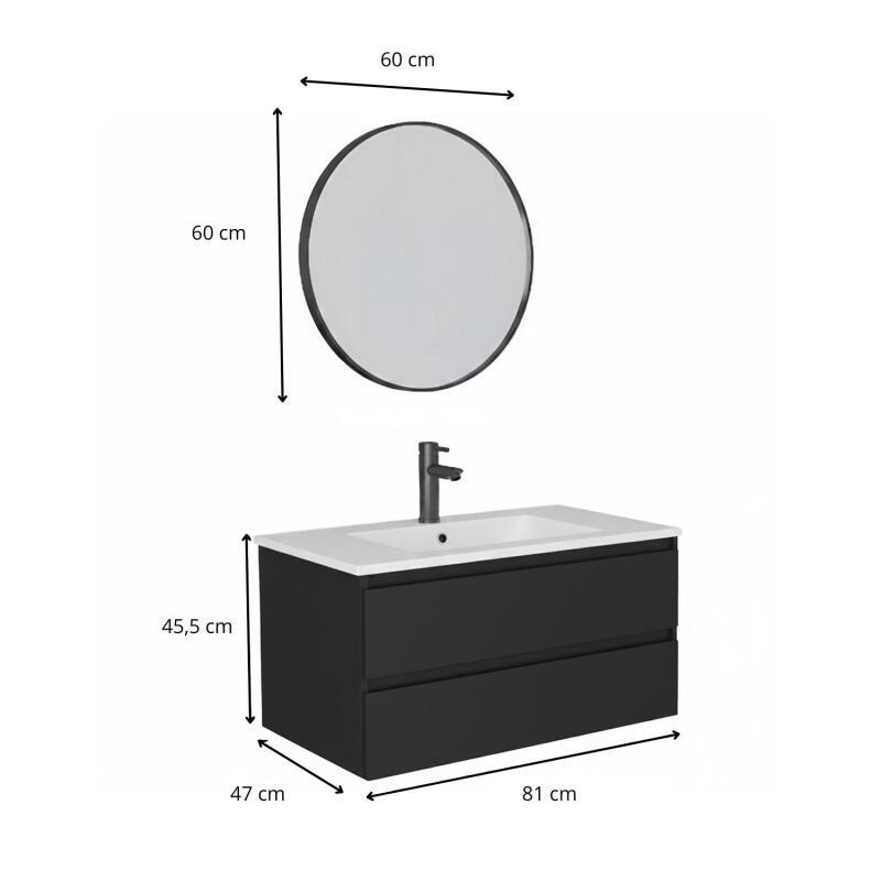 Ensemble meuble simple vasque 80cm avec plan céramique, robinet noir et miroir