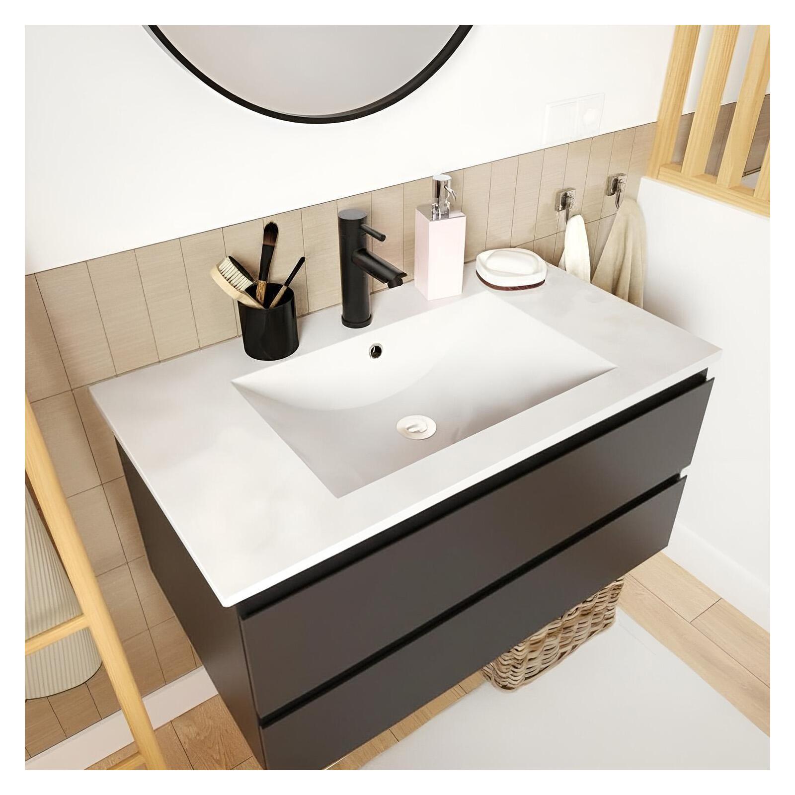 Ensemble meuble simple vasque 80cm avec plan céramique, robinet noir et miroir