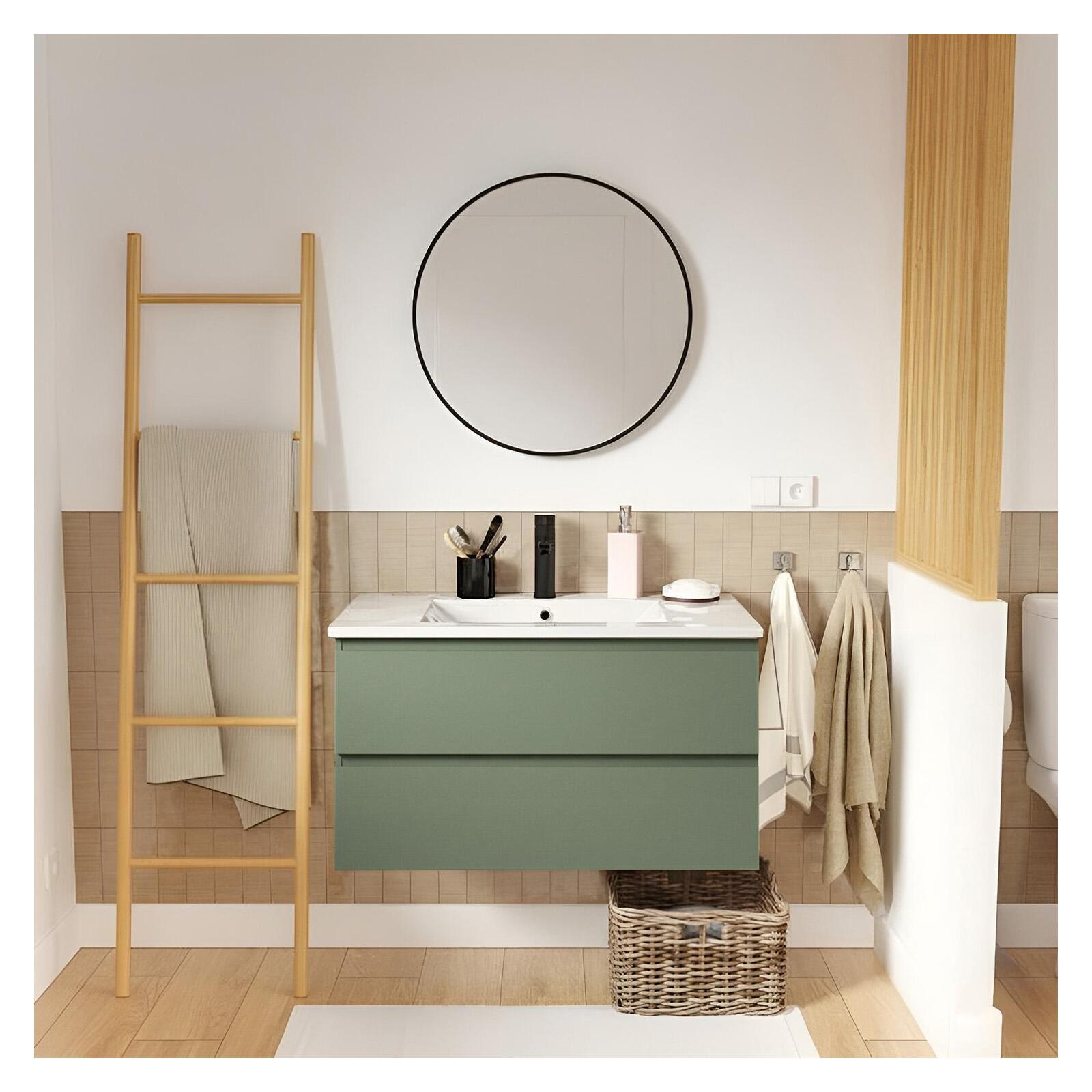 Ensemble meuble simple vasque 80cm avec plan céramique, robinet noir et miroir