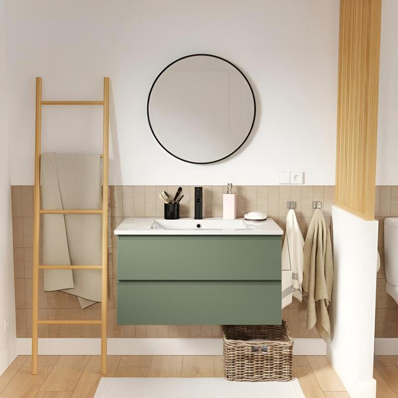 Ensemble meuble simple vasque 80cm avec plan céramique, robinet noir et miroir