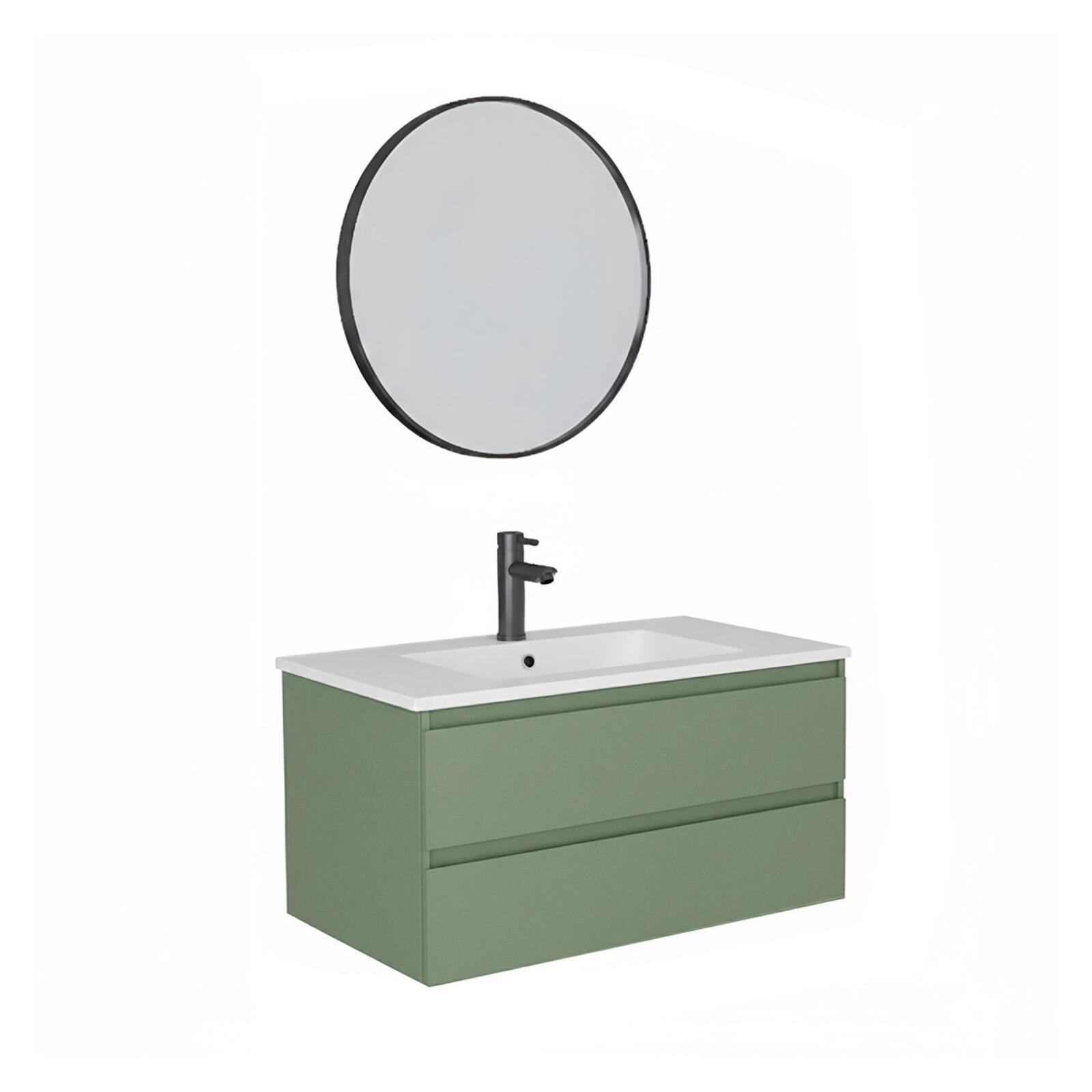 Ensemble meuble simple vasque 80cm avec plan céramique, robinet noir et miroir