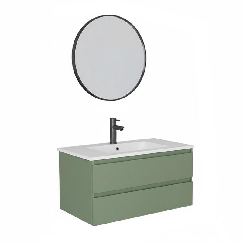 Ensemble meuble simple vasque 80cm avec plan céramique, robinet noir et miroir