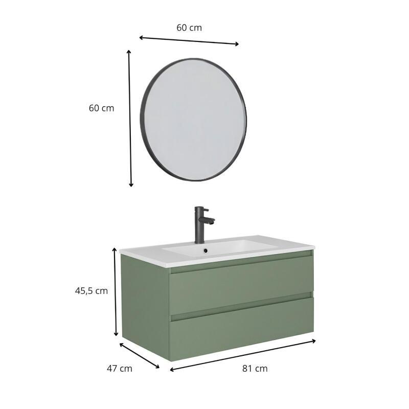 Ensemble meuble simple vasque 80cm avec plan céramique, robinet noir et miroir