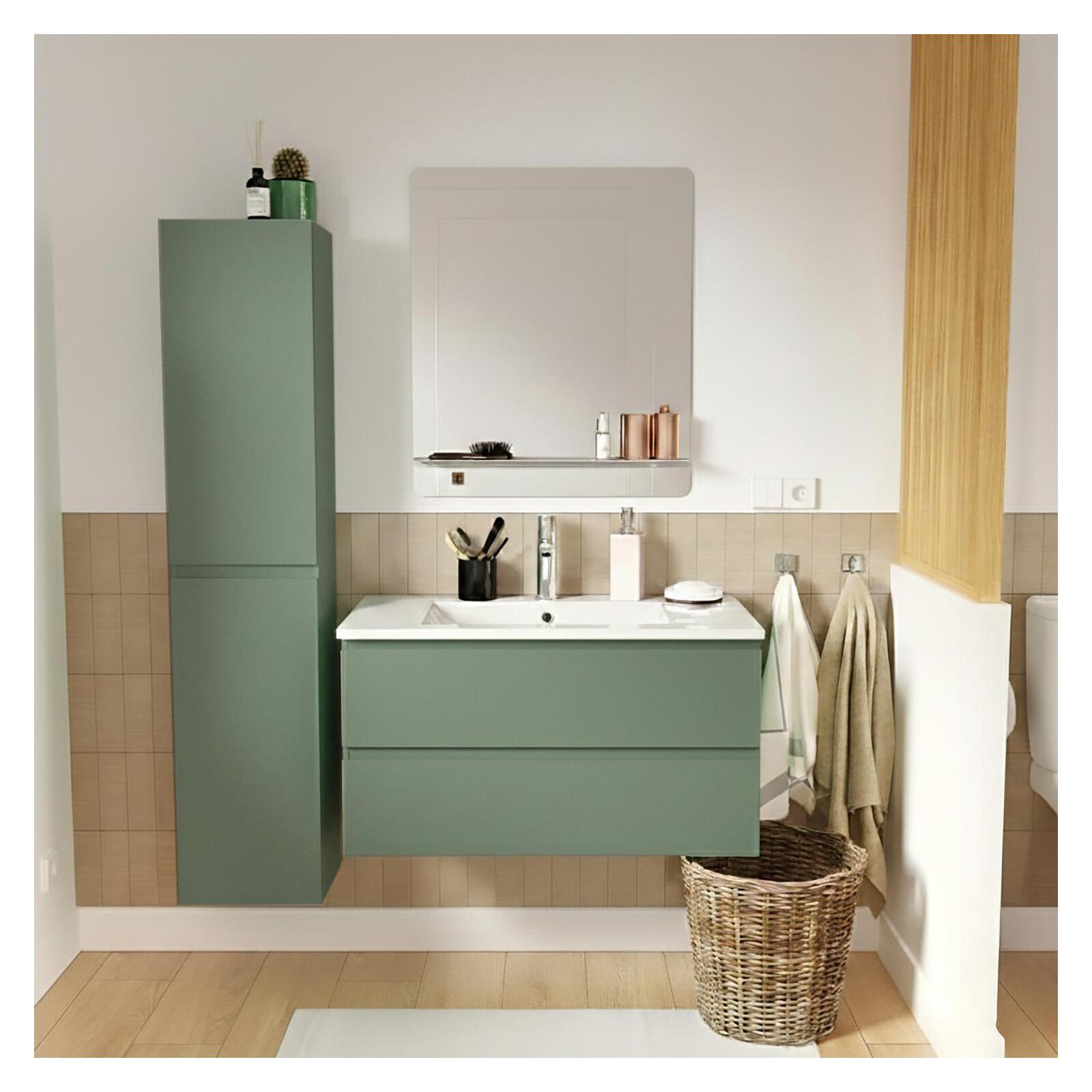 Ensemble meuble simple vasque 80cm avec plan céramique, robinet, miroir et colonne