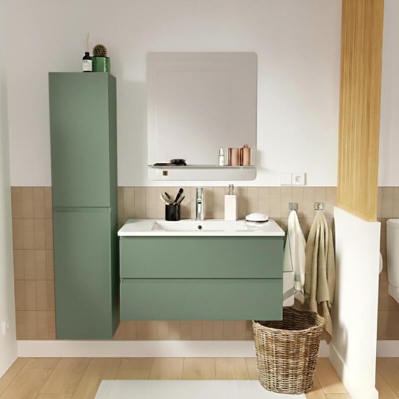 Ensemble meuble simple vasque 80cm avec plan céramique, robinet, miroir et colonne