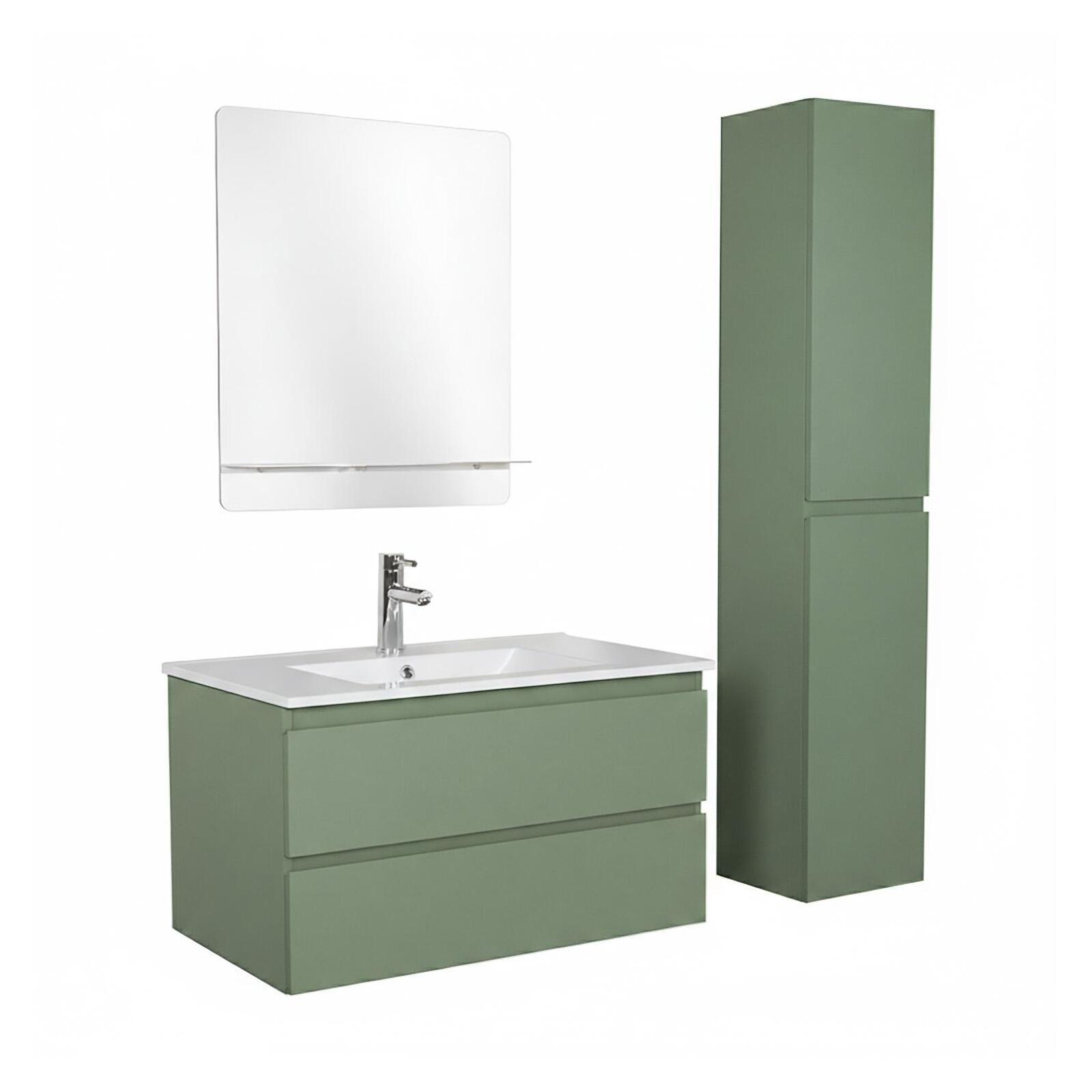 Ensemble meuble simple vasque 80cm avec plan céramique, robinet, miroir et colonne